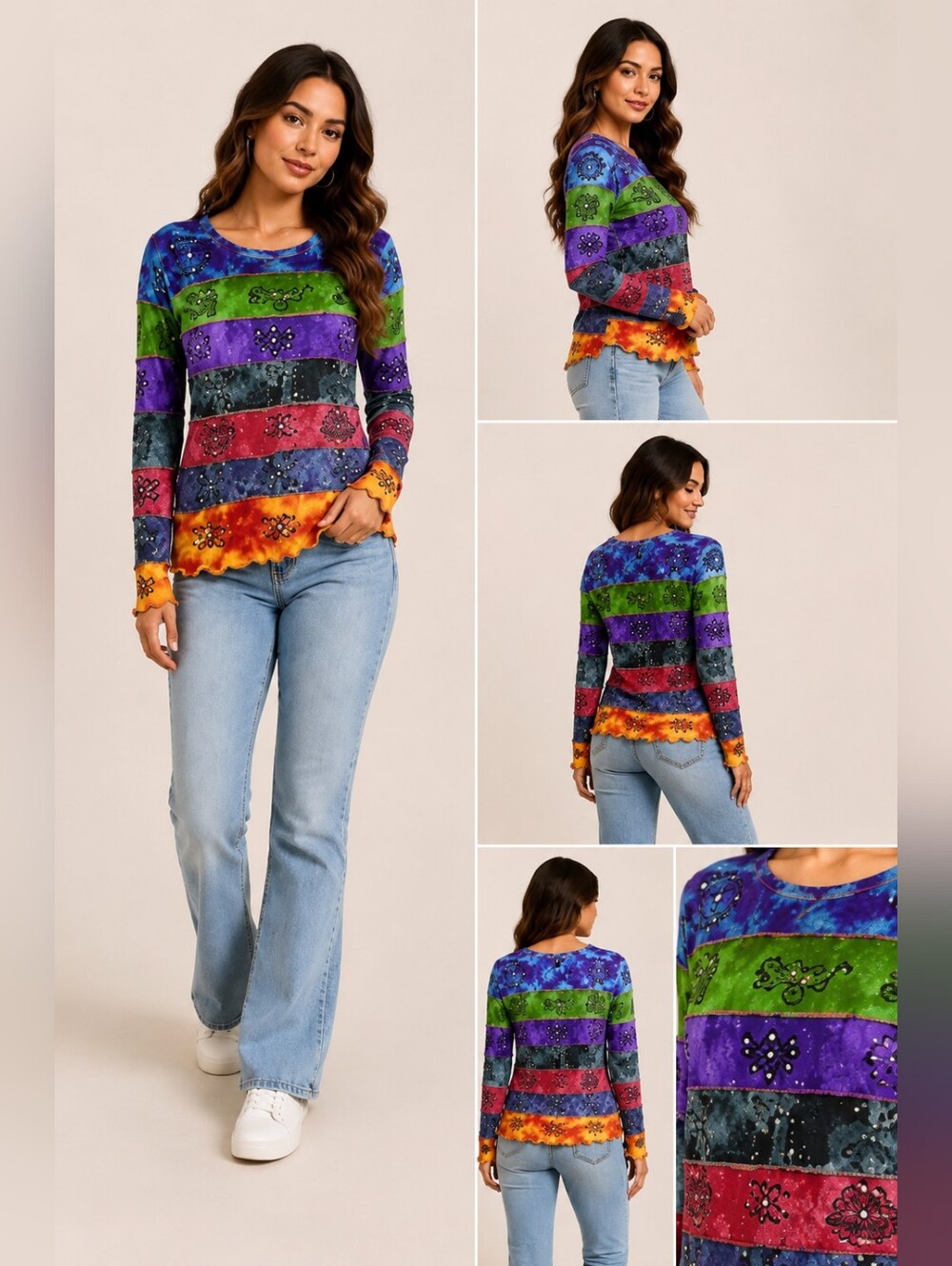 Himalayan Multicolor Tie-Dye Patchwork Long-Sleeve Top | Size S